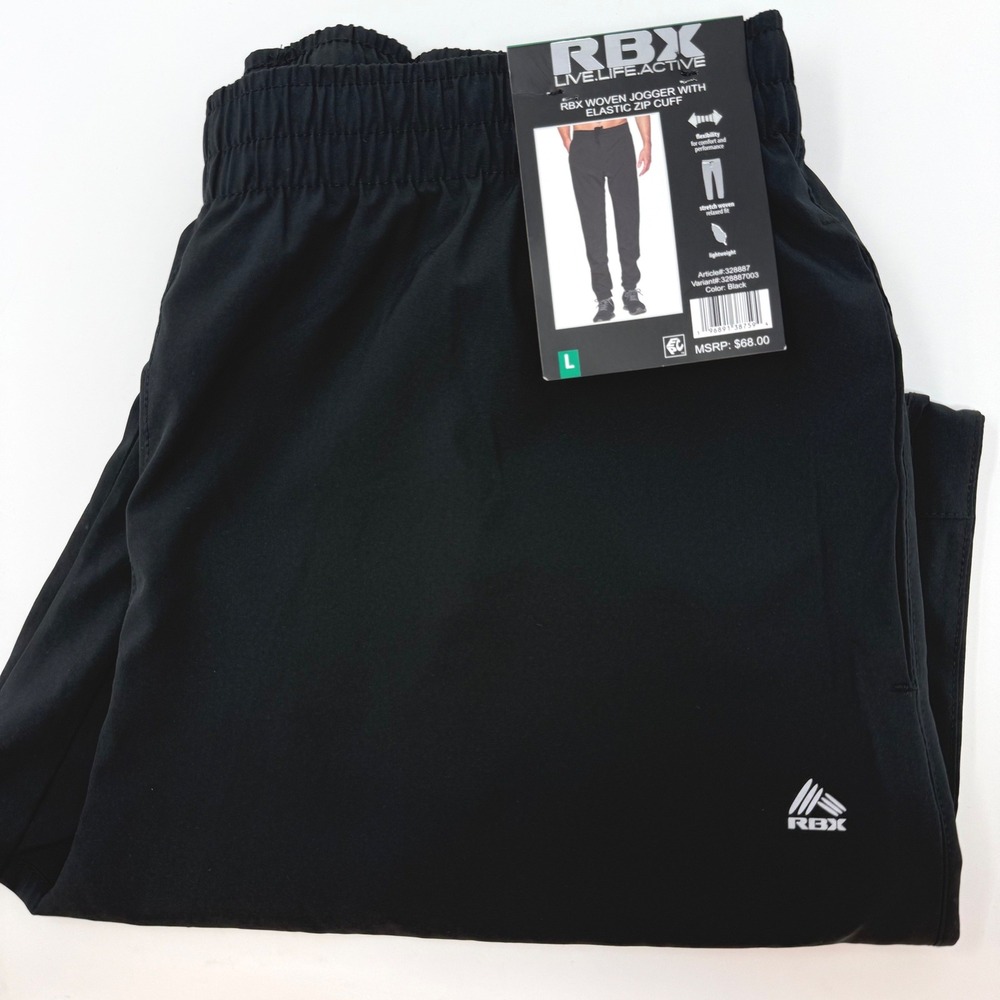 RBX Mens Large Woven Jogger Pants‎ Black Elastic Zip Cuff Stretch Active NEW